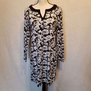 Coolibar Medium Dress UPF 50+  White Black Floral V-Neck Beach Cruise Coastal